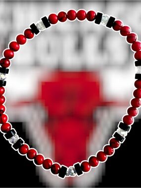 Unisex Red Beaded Stretch Bracelet with Black and Crystal Accents